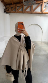 OVERSIZED FRINGE PONCHO- BEIGE