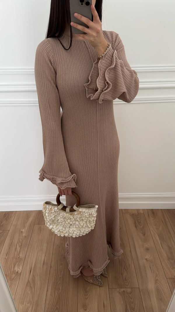 Long Ribbed Knit Dress with Flare Sleeves – Beige