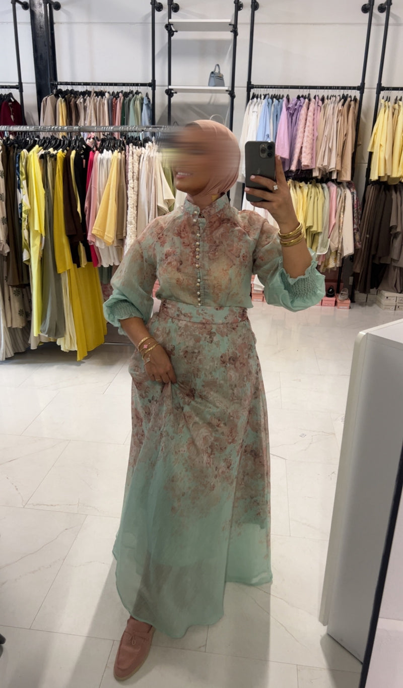 Floral Blouse & Skirt Set Green