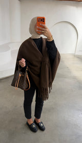 OVERSIZED FRINGE PONCHO- CHOCO