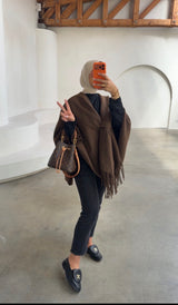 OVERSIZED FRINGE PONCHO- CHOCO