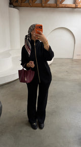 Ribbed Zip-Up Knit Set Black