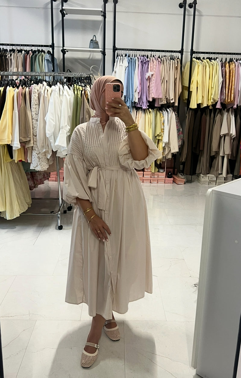 Balloon Sleeve Dress Beige