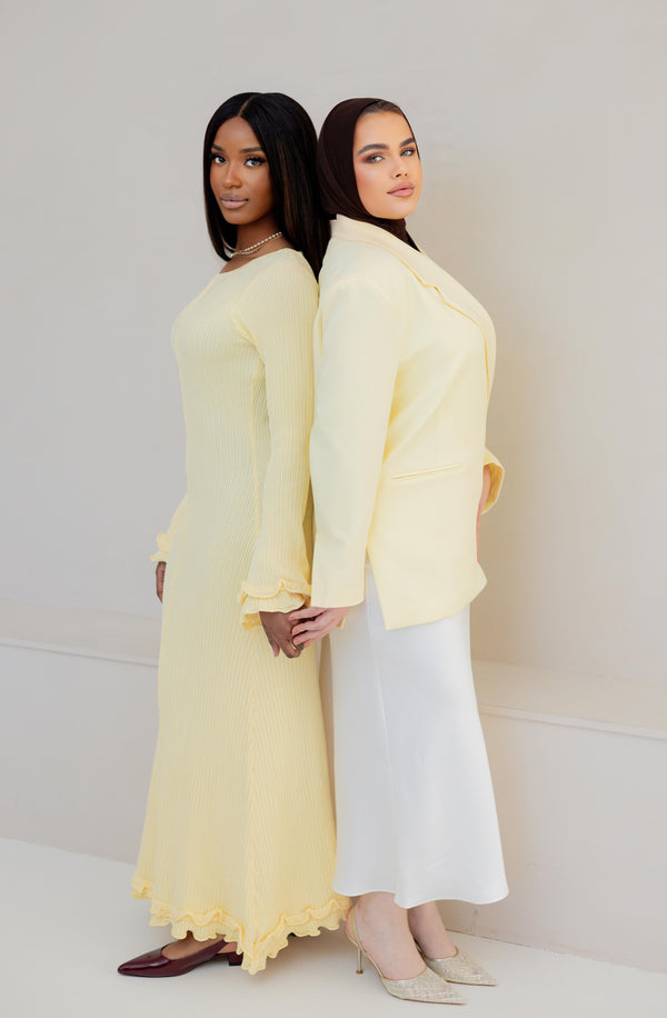 Long Ribbed Knit Dress with Flare Sleeves – BUTTER YELLOW