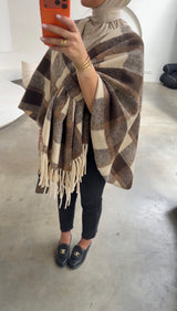 OVERSIZED FRINGE PONCHO- BROWN/BEIGE