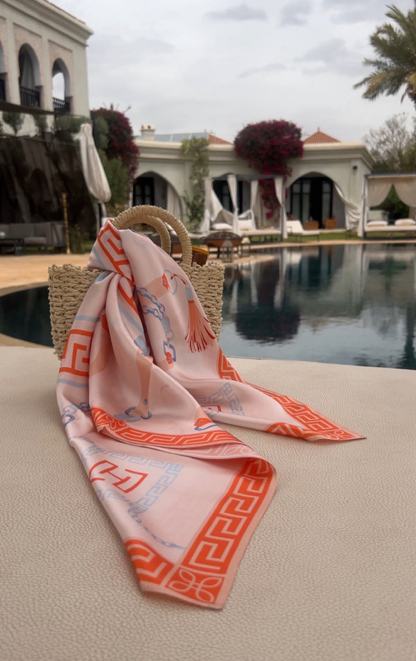 HANORA SIGNATURE SILK SCARF- CORAL SKY