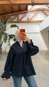 Elara ruffle blouse navy blue