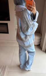 Striped Zip Sweater- baby blue/ grey
