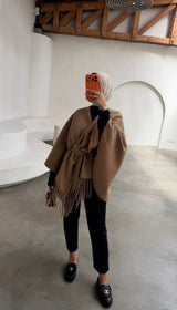 OVERSIZED FRINGE PONCHO- CAMEL