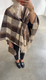 OVERSIZED FRINGE PONCHO- BROWN/BEIGE