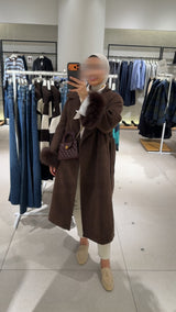 WOOL COAT WITH FUR SLEEVES BROWN