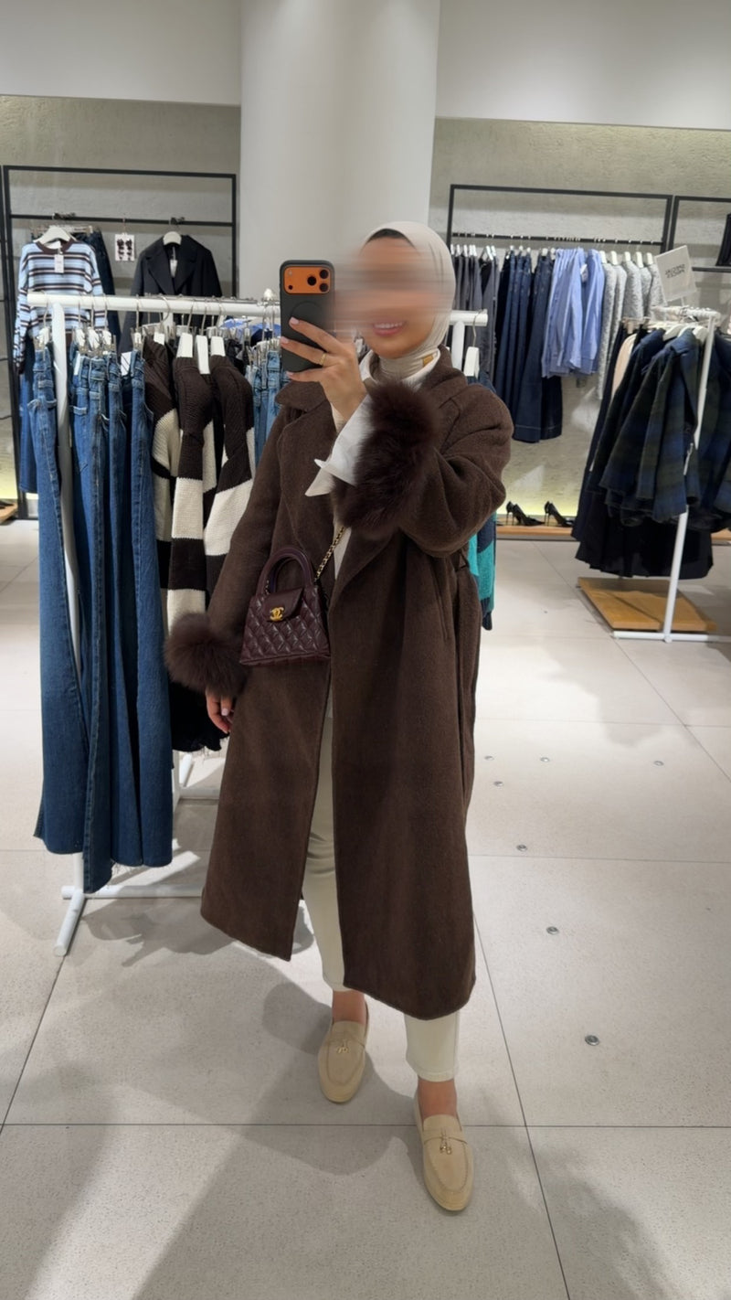 WOOL COAT WITH FUR SLEEVES BROWN
