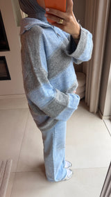 Striped Zip Sweater- baby blue/ grey