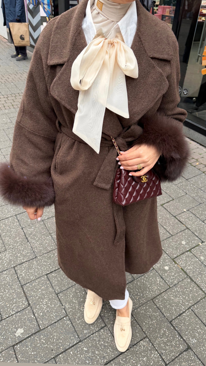 WOOL COAT WITH FUR SLEEVES BROWN