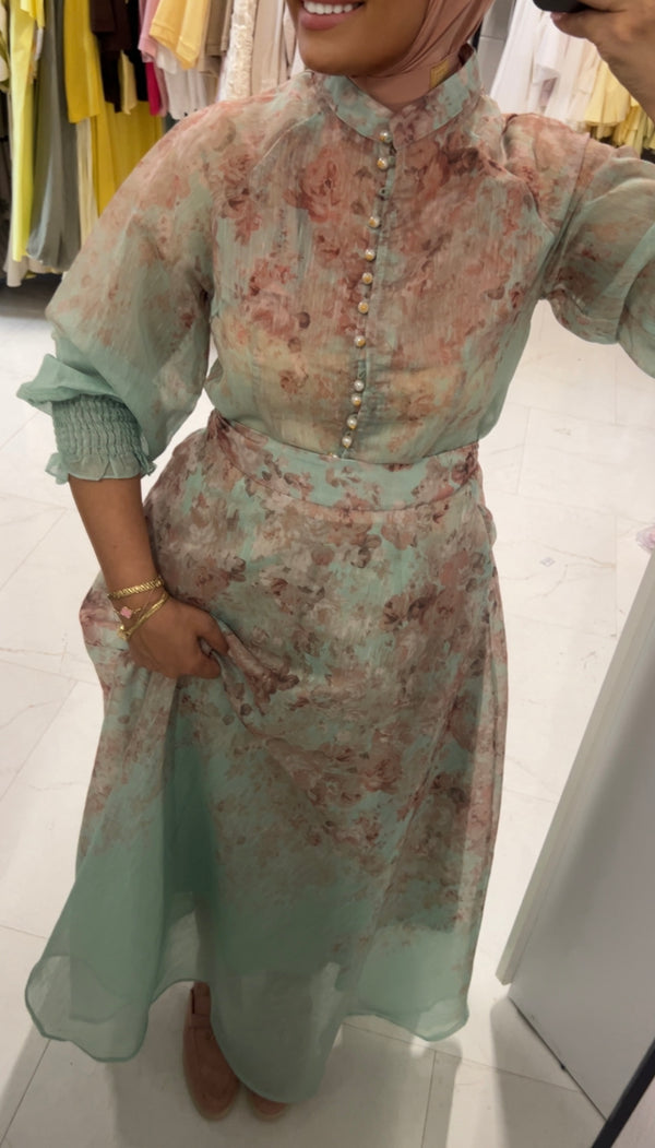 Floral Blouse & Skirt Set Green