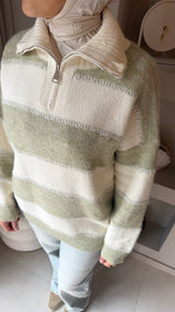 Striped Zip Sweater- sage green/ cream