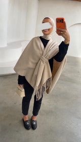 OVERSIZED FRINGE PONCHO- BEIGE