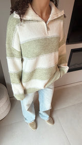 Striped Zip Sweater- sage green/ cream