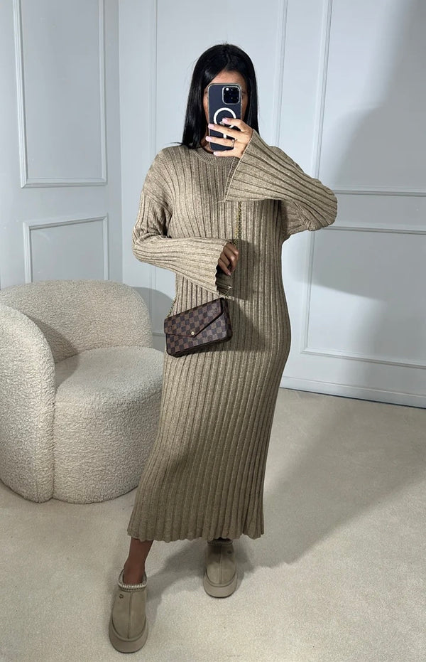 LONG KNITTED DRESS TAUPE