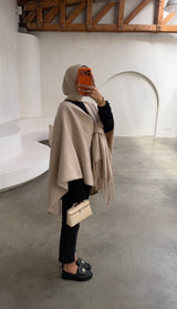 OVERSIZED FRINGE PONCHO- BEIGE