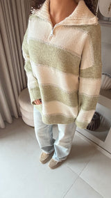 Striped Zip Sweater- sage green/ cream