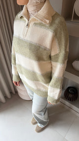 Striped Zip Sweater- sage green/ cream