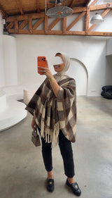 OVERSIZED FRINGE PONCHO- BROWN/BEIGE