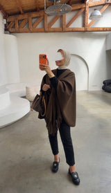 OVERSIZED FRINGE PONCHO- CHOCO