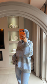 Striped Zip Sweater- baby blue/ grey