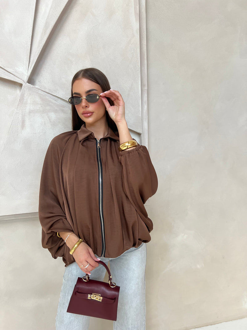 RIMA ZIPPER TOP BROWN