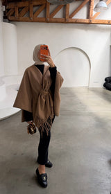 OVERSIZED FRINGE PONCHO- CAMEL