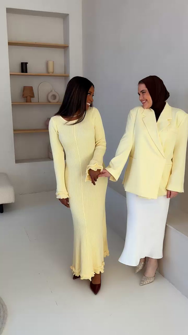 Long Ribbed Knit Dress with Flare Sleeves – BUTTER YELLOW