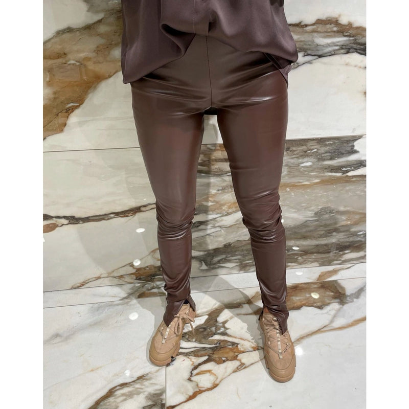 LEATHER LOOK SPLIT LEGGINGS BROWN – Hanora Fashion